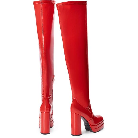 Women's Red-pat Polyurethane (PU) Square Toe Over The Knee Thigh High Boots - Picture 5 of 7